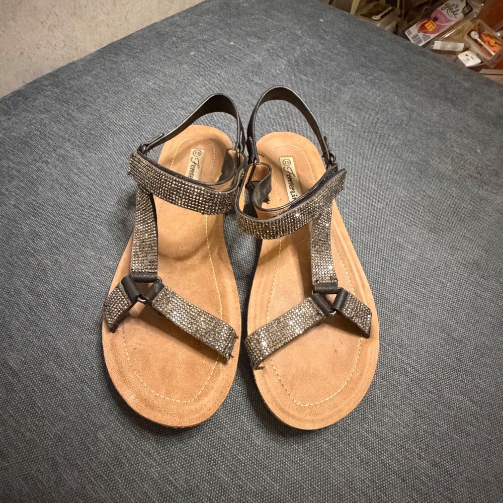 Forever Link‎ Womens Black Rhinestone Strappy Slingback Flat Sandals Size 7.5